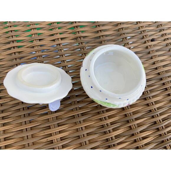 Porcelain Jewelry Holder Ring Dish Glazed Ceramic Flower Butterfly Lid Print - Picture 4 of 4